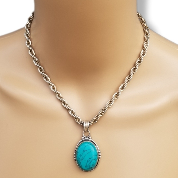 VINTAGE STERLING SILVER & TURQUOISE CABACHON PENDANT & STEEL ROPE CHAIN NECKLACE - Picture 1 of 6